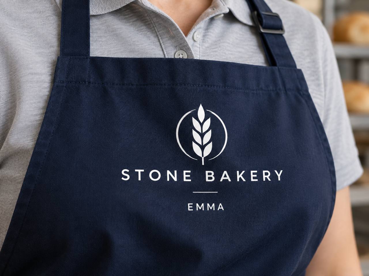 Representative navy bib apron printed with a bakery logo and individual staff name