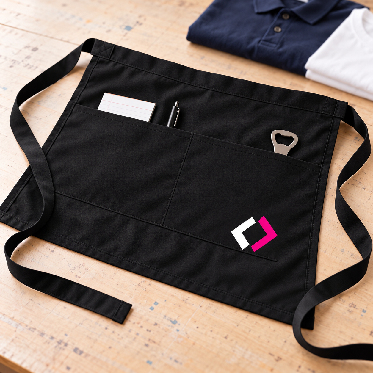 Black short waist apron with two front pockets and a small logo near the lower corner
