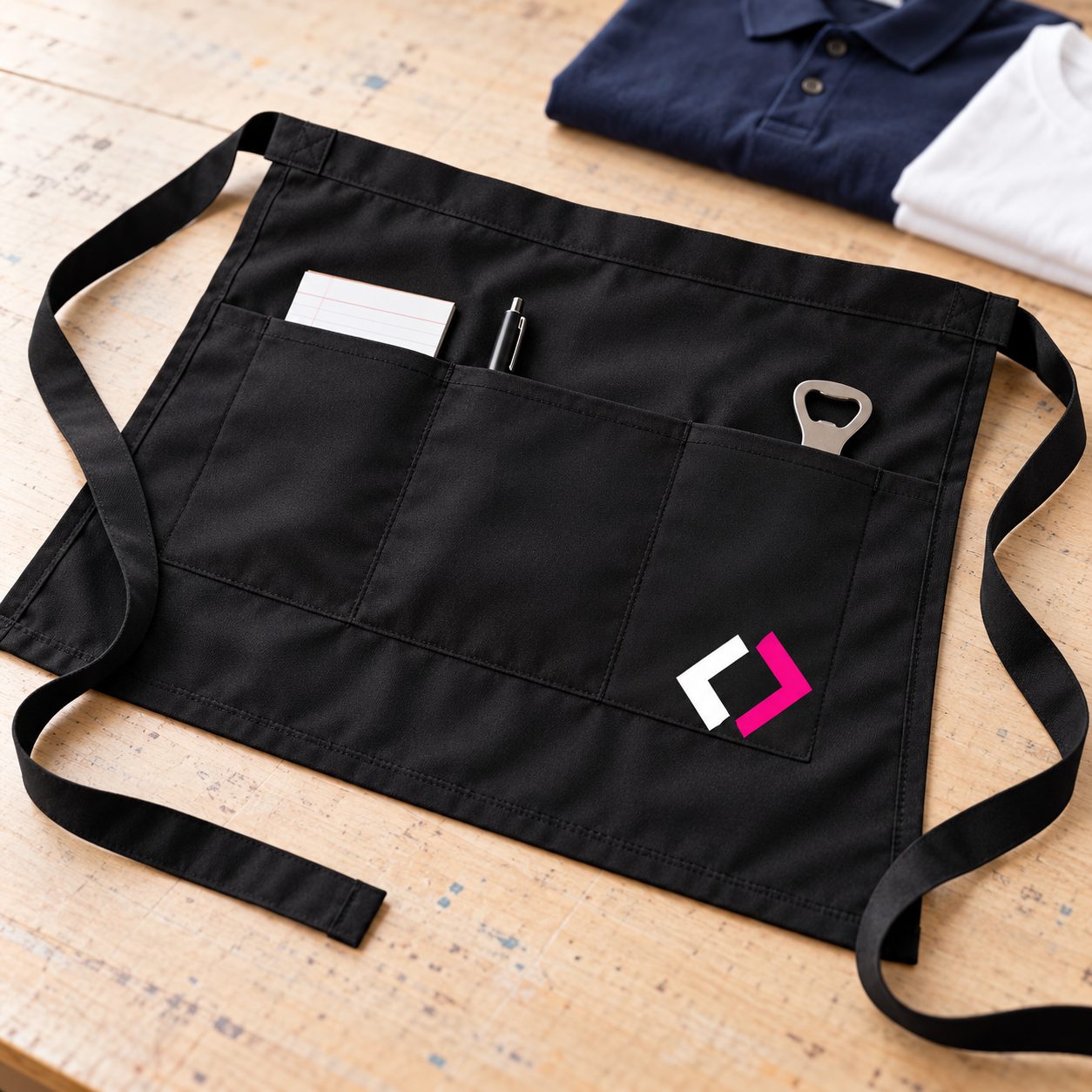 Black short waist apron with a small logo near the lower corner