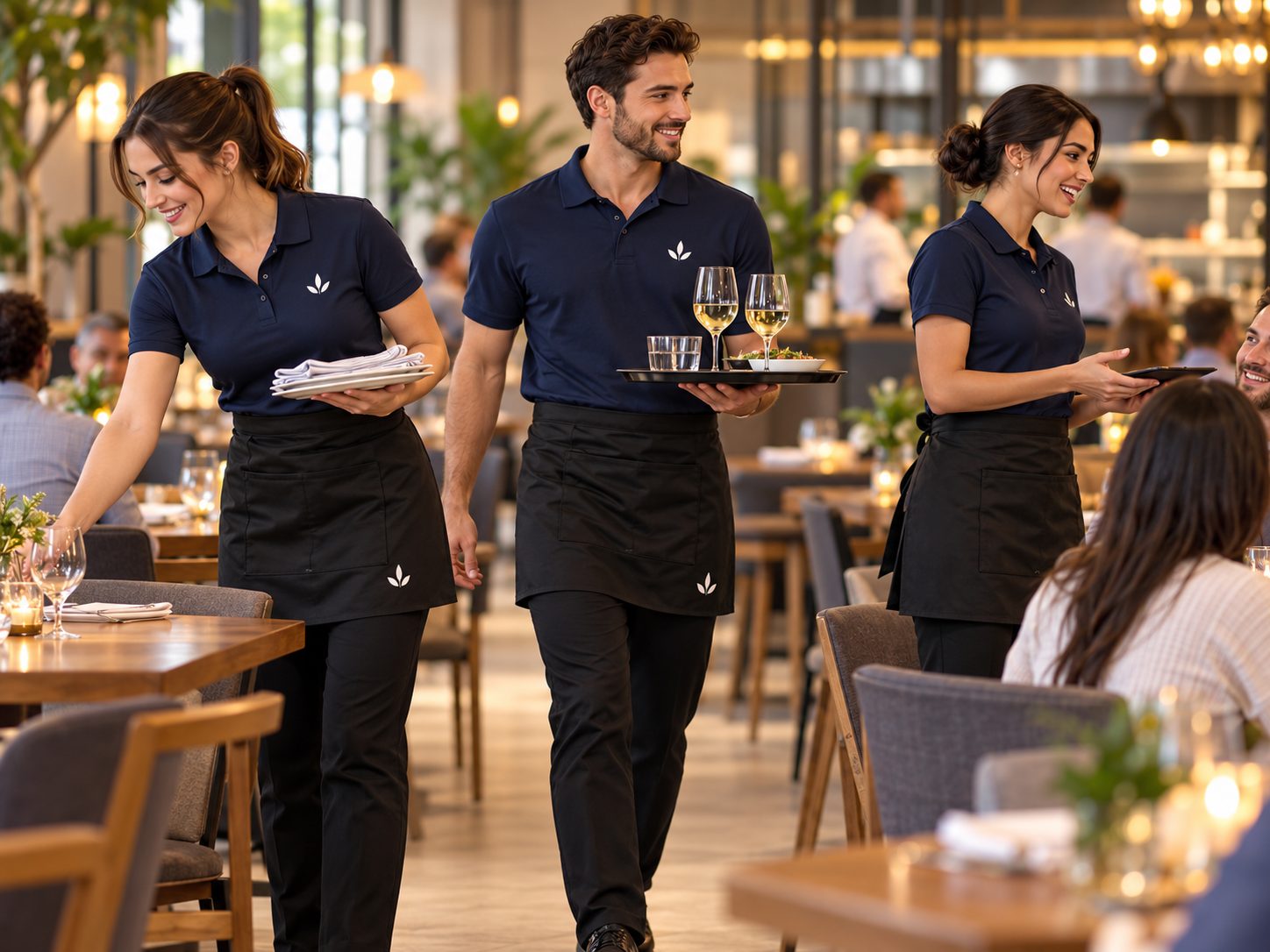 Restaurant team wearing matching black waist aprons