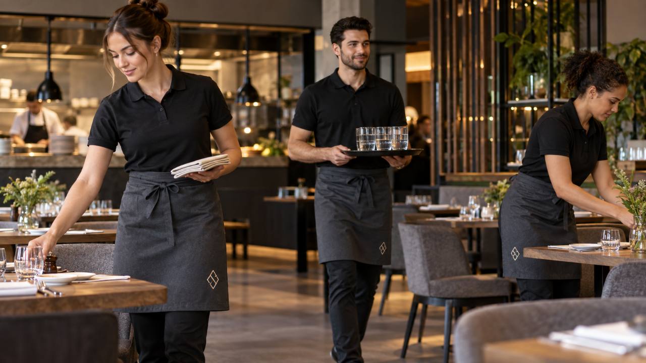 Representative restaurant team wearing coordinated dark waist aprons