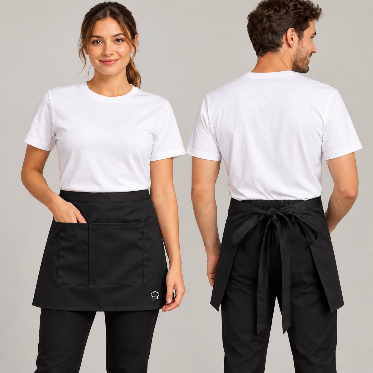 Front and back of a short black waist apron with front pockets and ties
