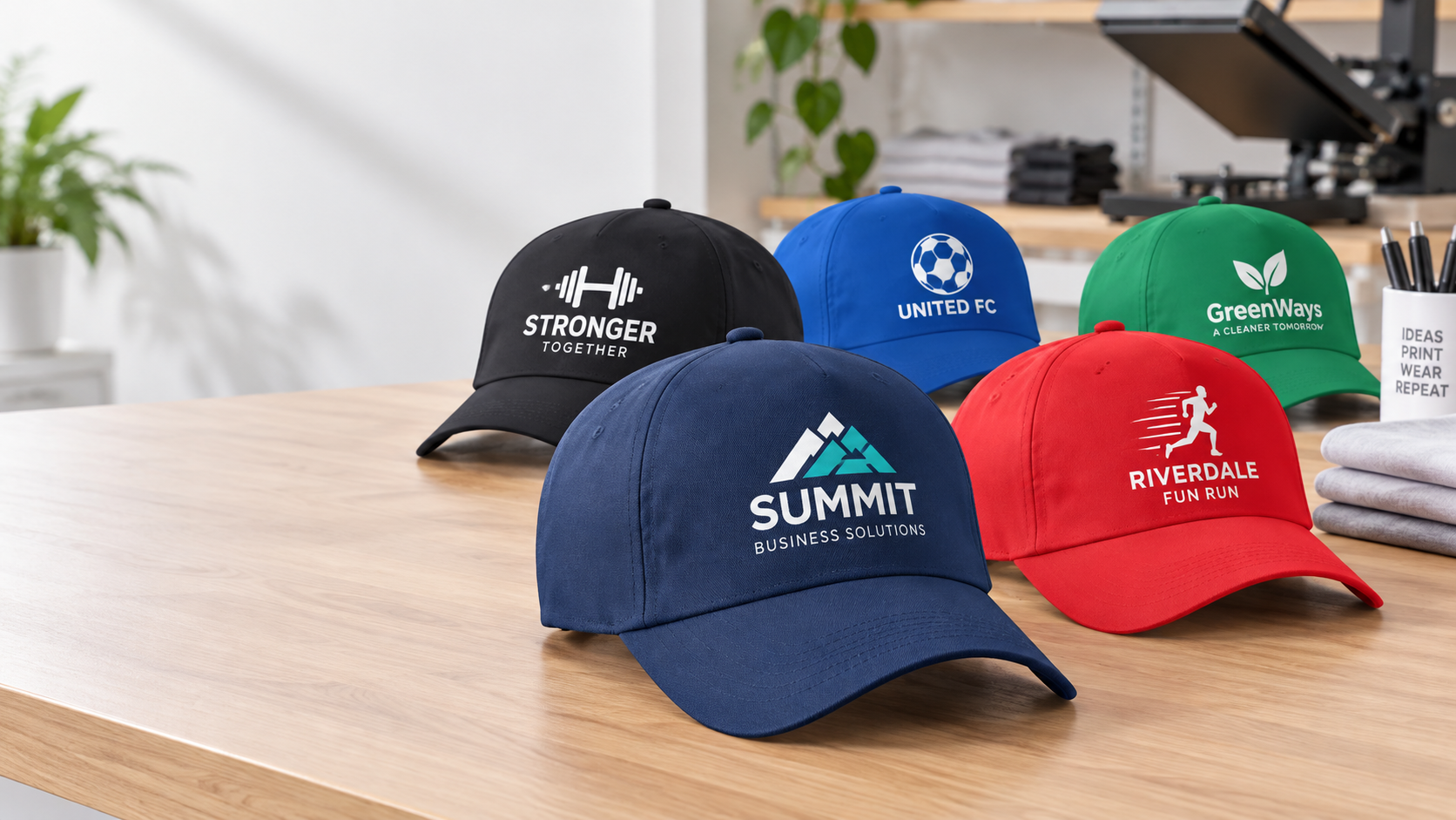 Five personalised baseball caps with business and team designs on a worktable