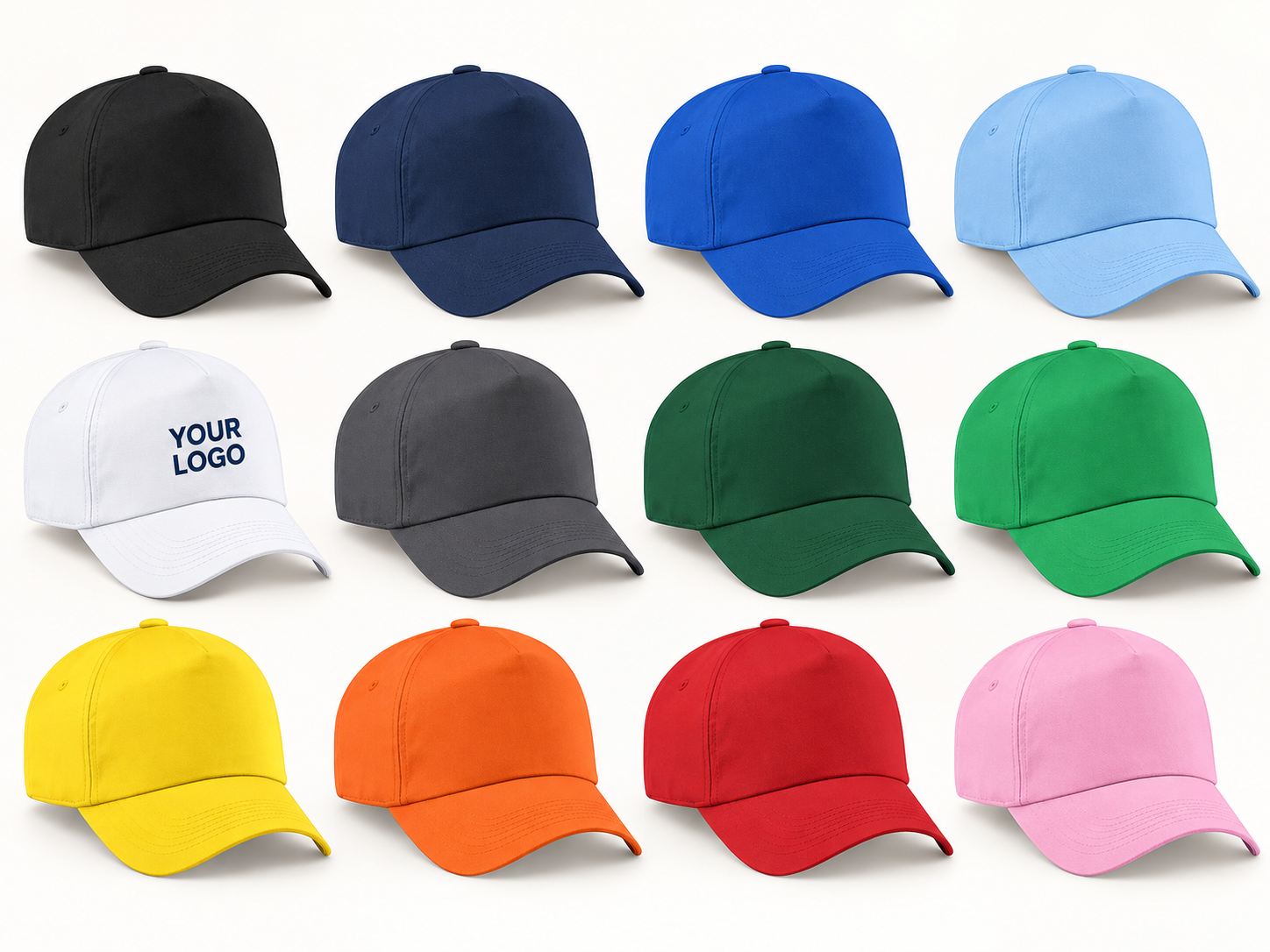 Baseball caps in twelve colours, including a white cap marked Your Logo