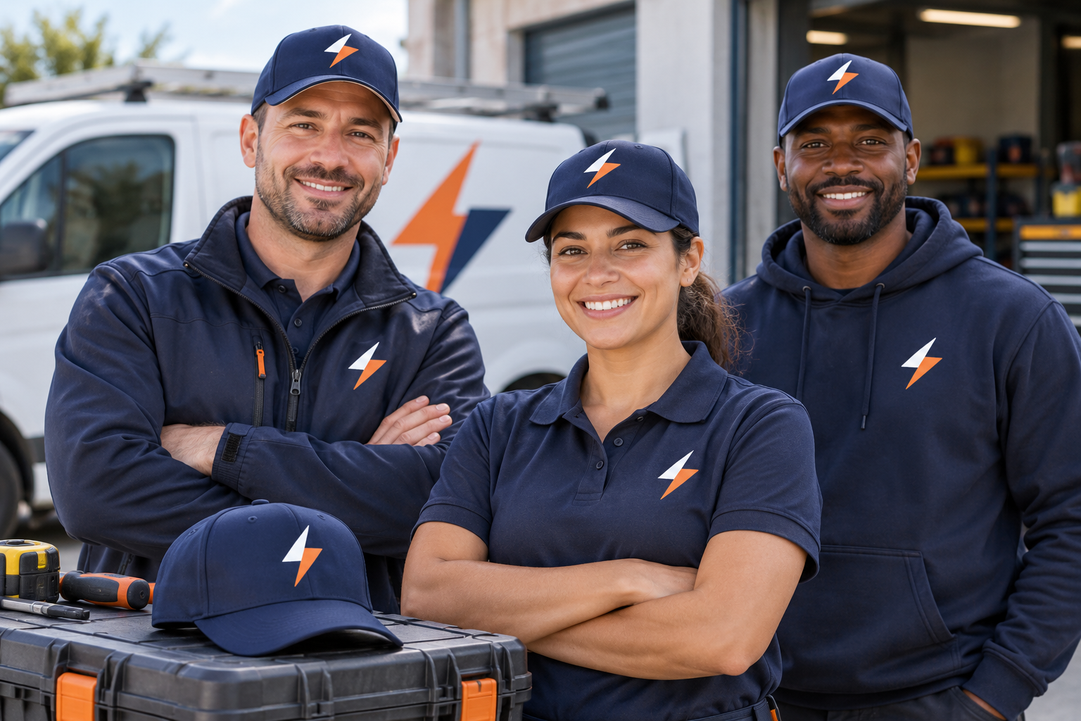 Work team wearing branded caps and workwear beside a van