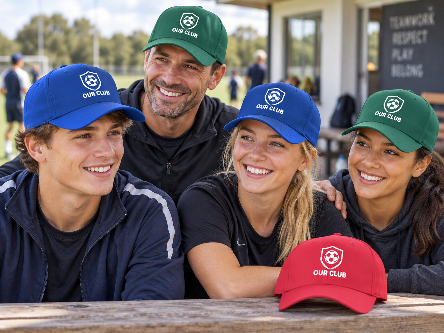 Club group wearing matching personalised baseball caps