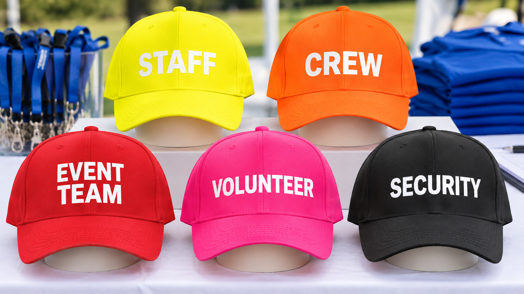 Personalised caps marked Staff, Crew, Event Team, Volunteer and Security