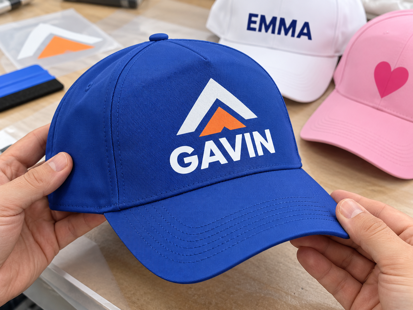 Blue baseball cap held in two hands with a personalised logo and name