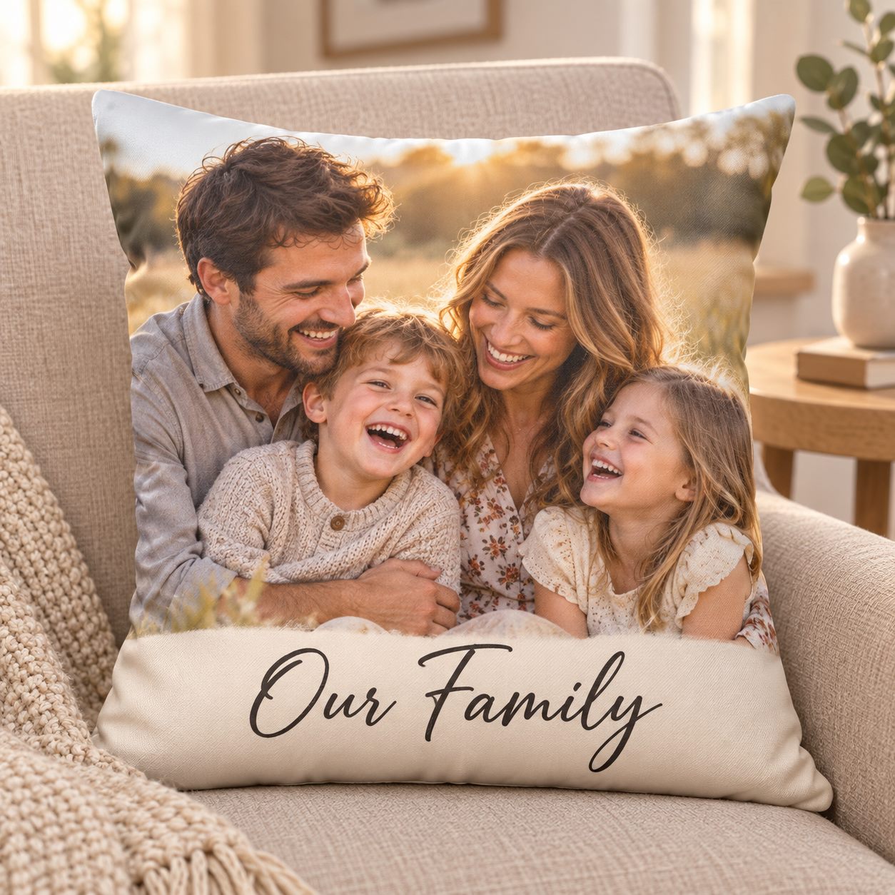 Illustration of a family photograph printed on a personalised cushion