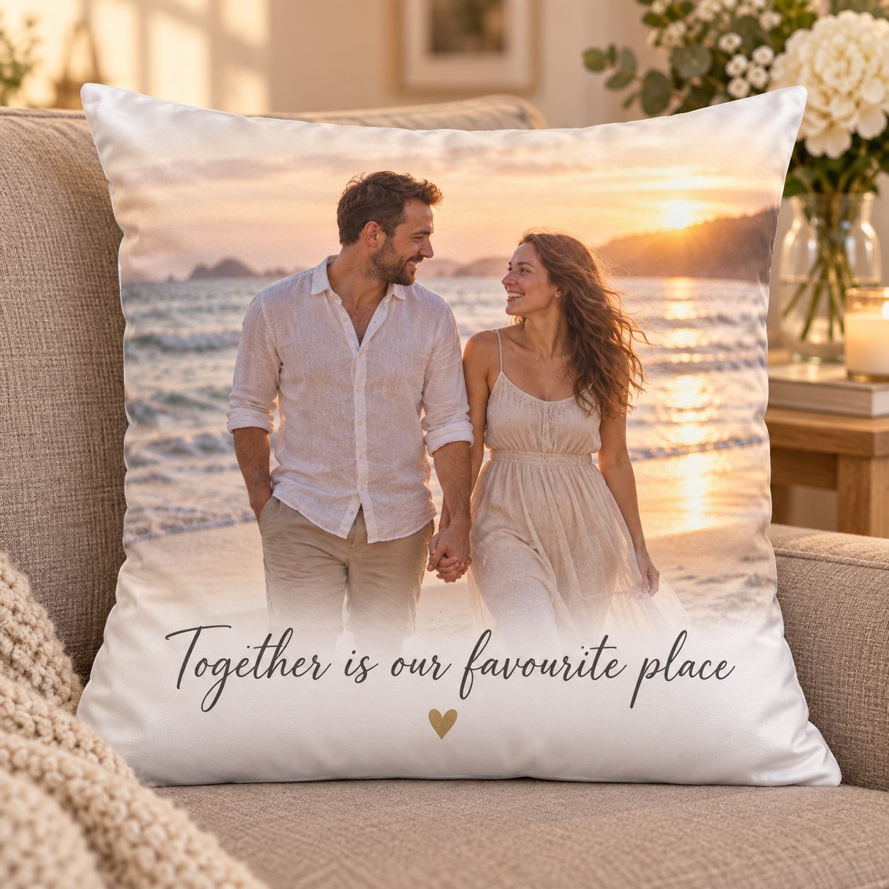 Illustration of a personalised couple photo cushion with a short message