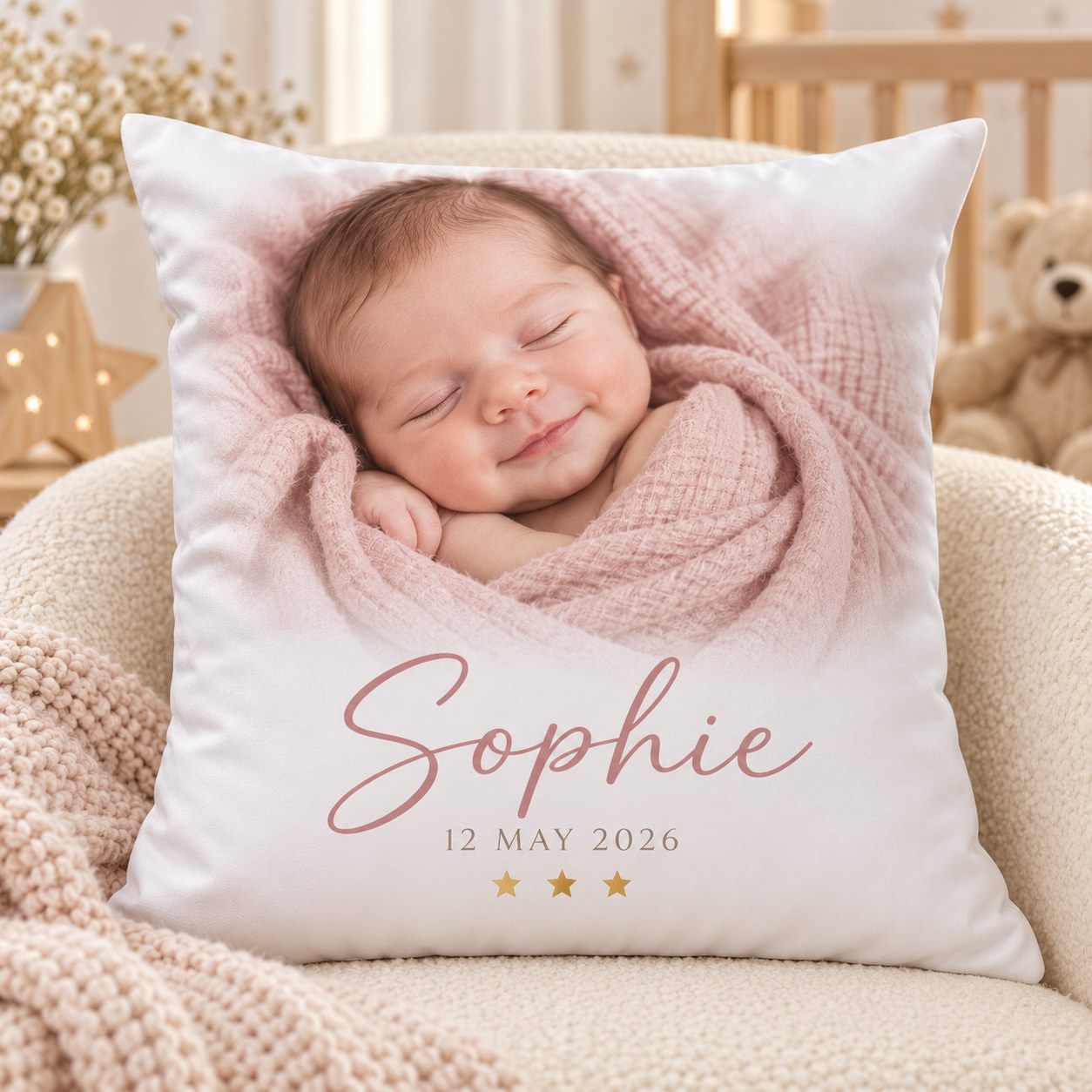 Illustration of a personalised new baby cushion with a name and date