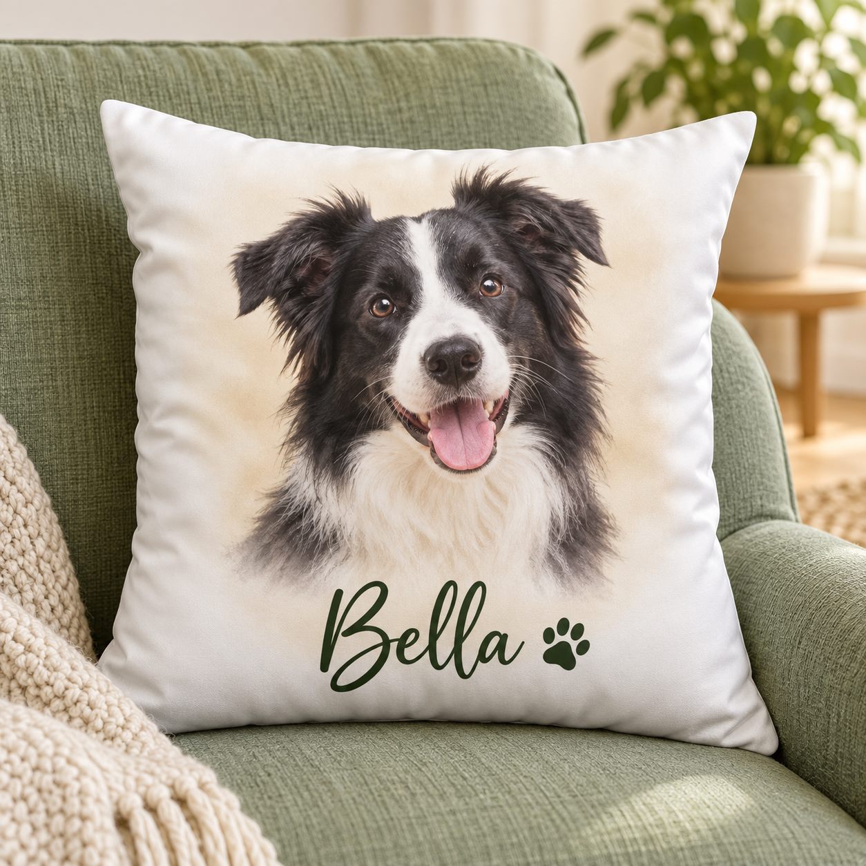 Illustration of a personalised pet photo cushion with a dog's name