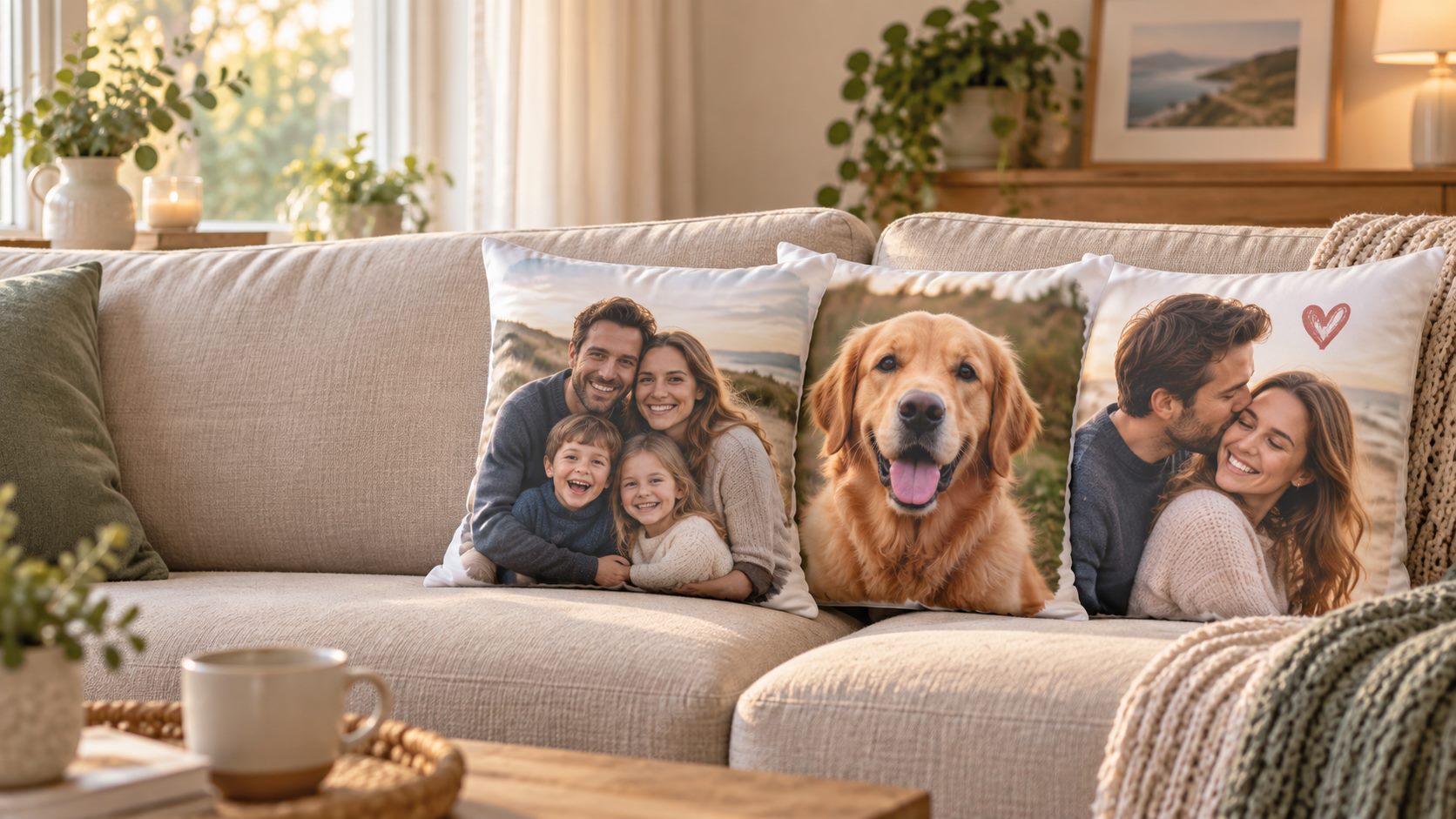 Family, pet and couple photographs printed on personalised cushions