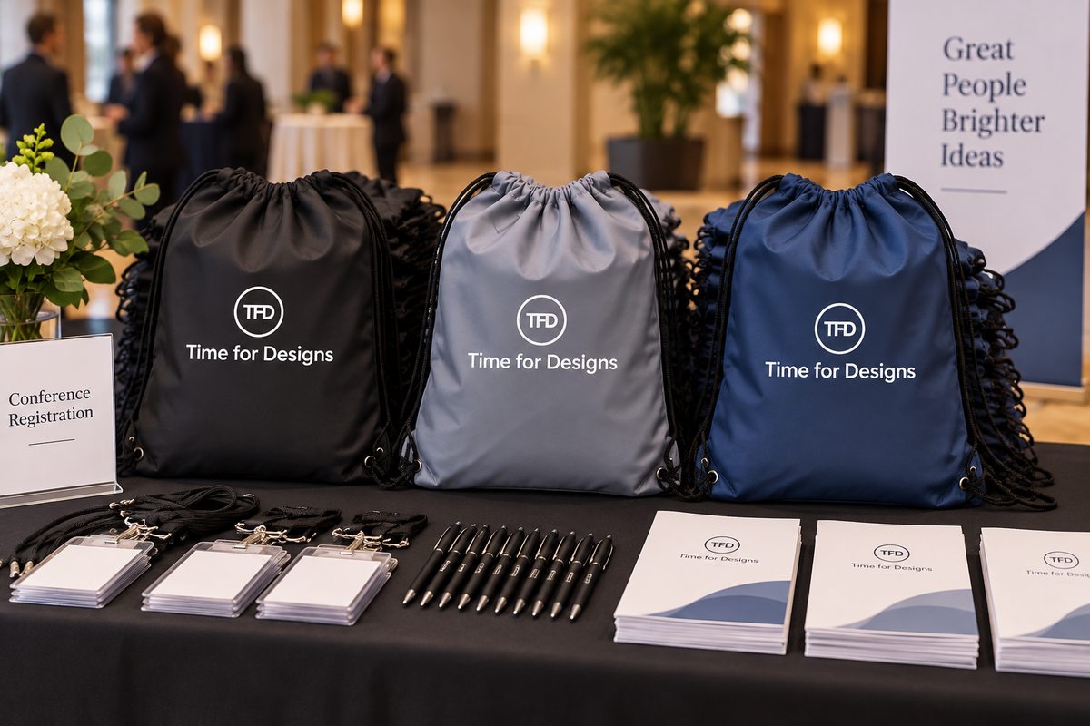 Black, grey and navy branded drawstring bags displayed for a business event