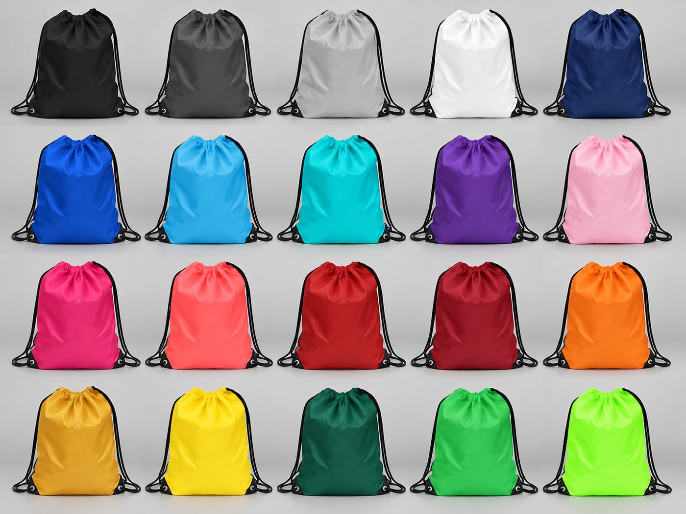Drawstring bags shown in a broad range of black, grey, white, blue, pink, purple, red, orange, yellow and green colours