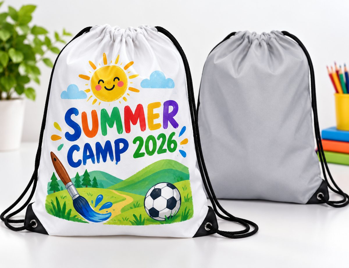 White drawstring bag with a colourful summer camp design beside an unprinted grey bag