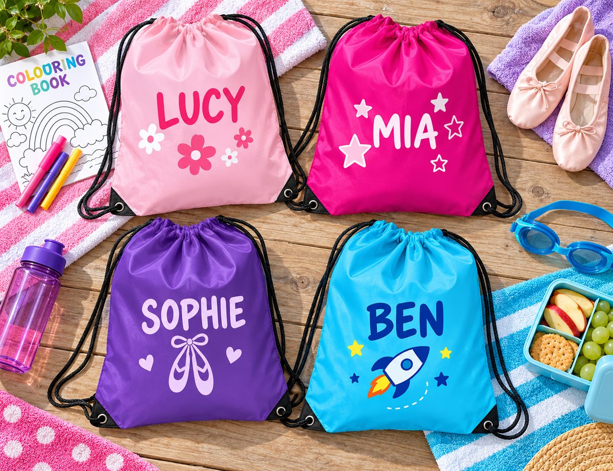 Pink, purple and blue personalised drawstring bags with children's names and simple designs