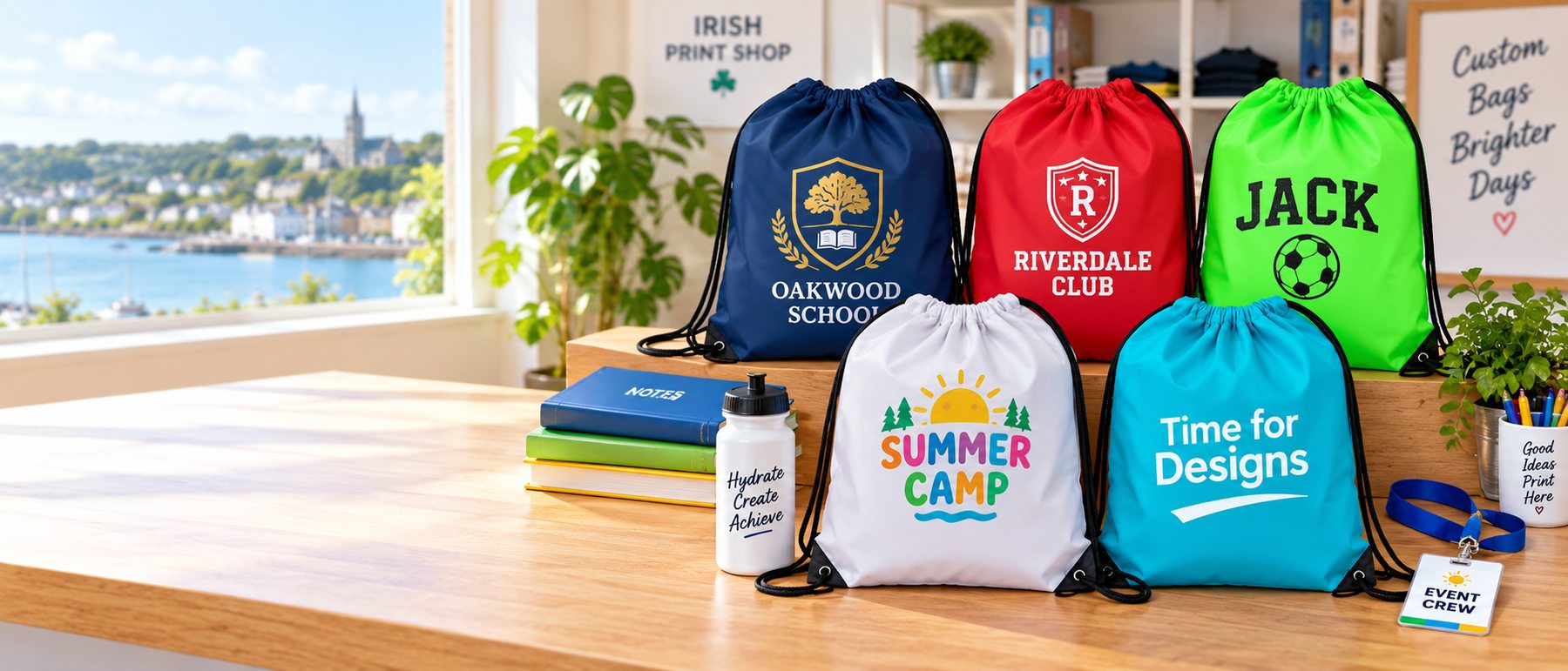 Personalised drawstring bags with school, club, summer camp, name and business logo examples