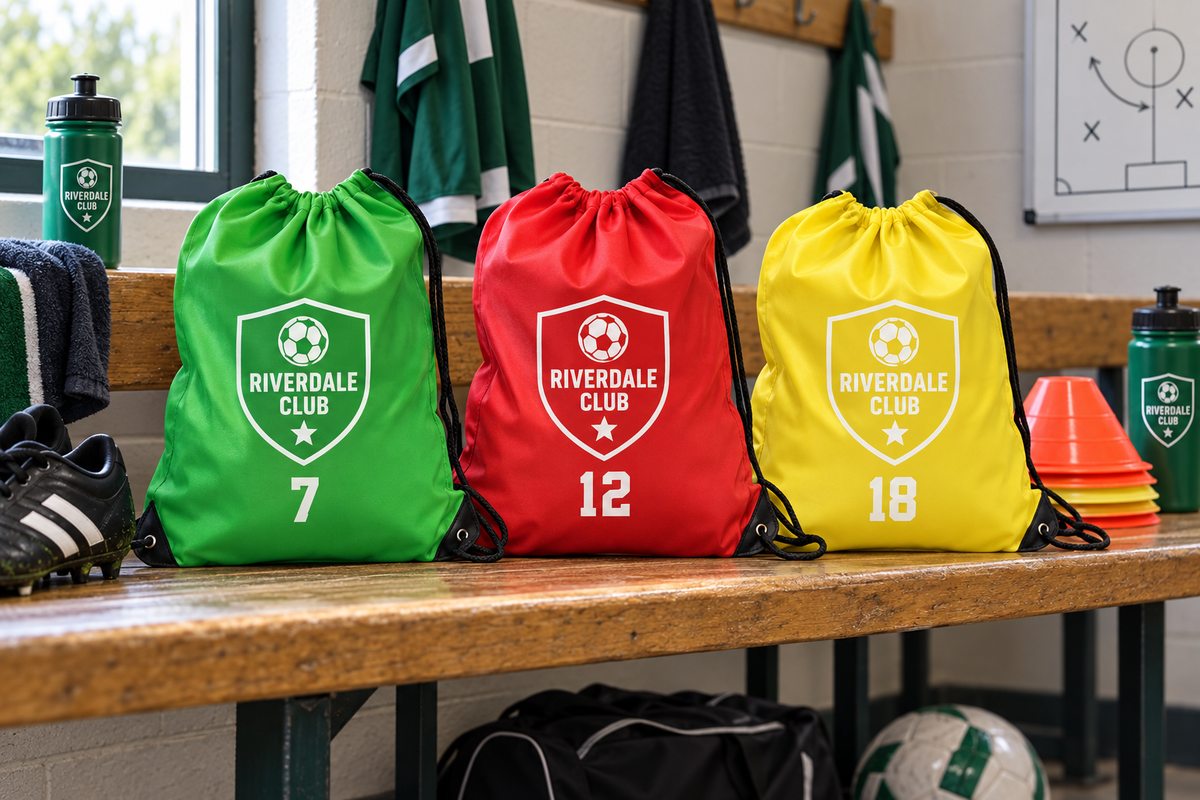 Green, red and yellow printed drawstring sports bags with a club crest and player numbers