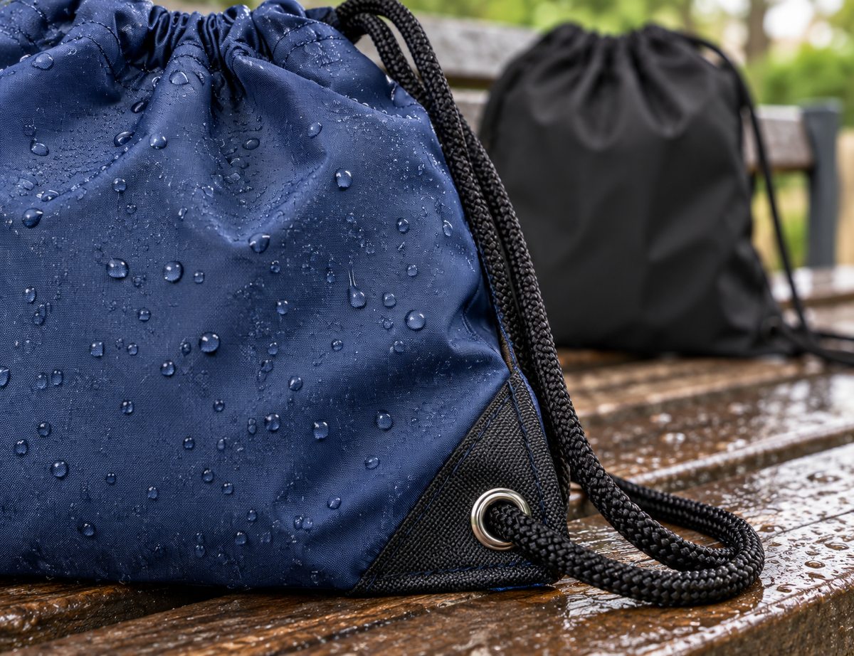 Close view of a navy water-resistant drawstring bag with nylon cords, metal eyelet and reinforced corner