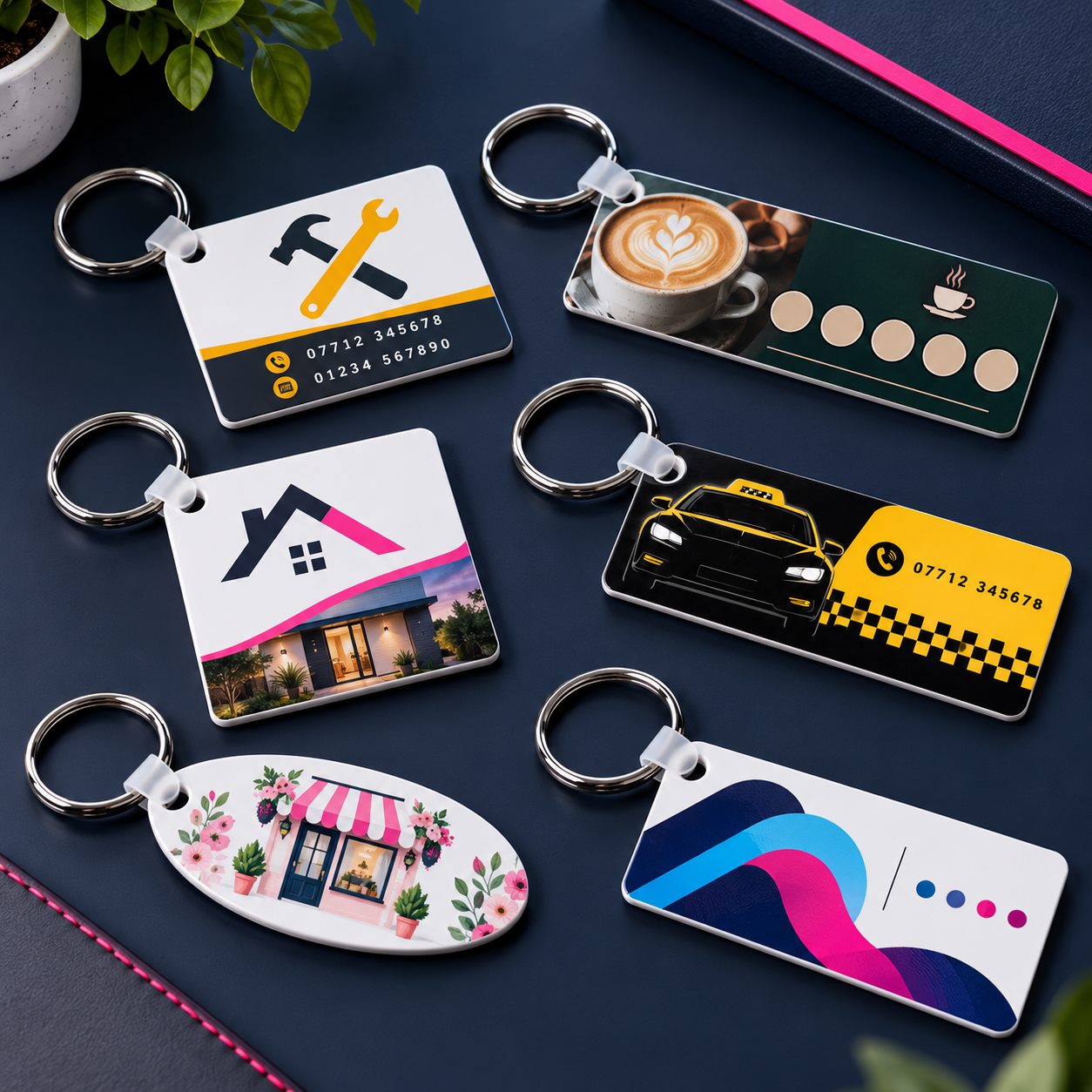 Illustrative personalised business keyrings for trades, hospitality, property and transport