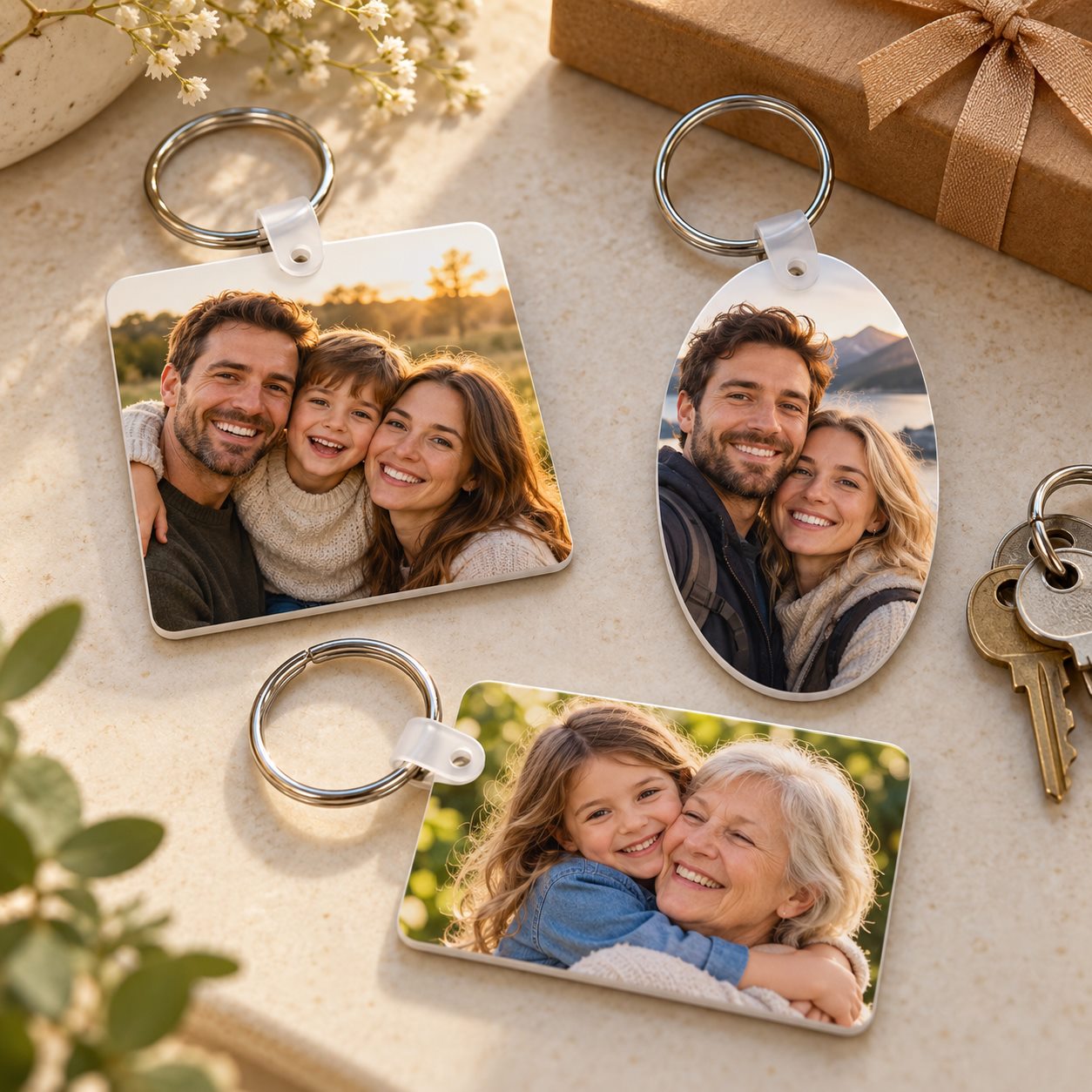 Square, oval and rectangular personalised family photo keyrings