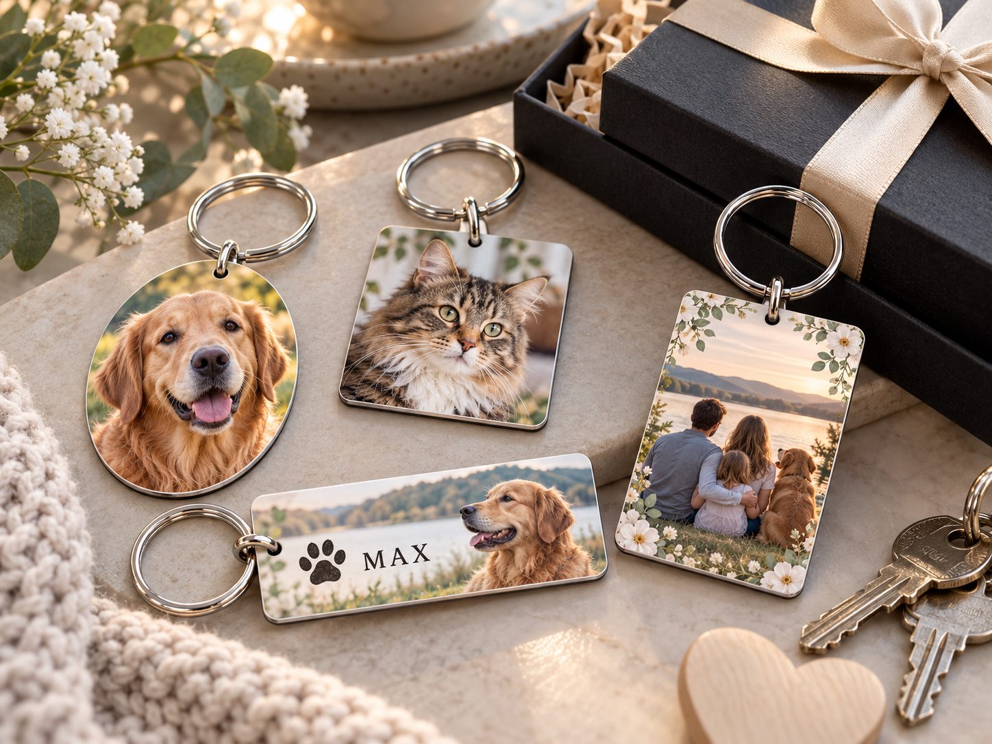 Personalised pet photo keyrings with dogs, a cat and a family scene