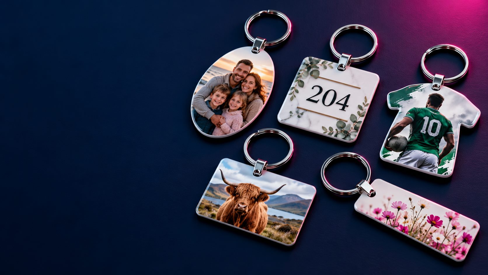 Illustrative personalised aluminium keyrings with family, house number, sport, animal and floral designs