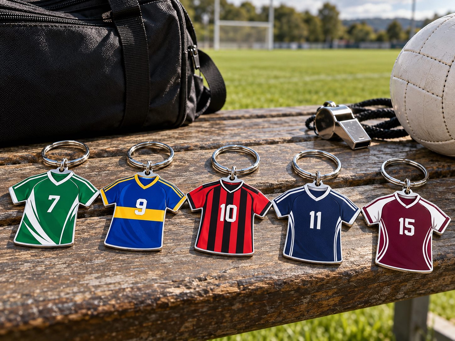 T-shirt-shaped personalised team keyrings in several colours and player numbers