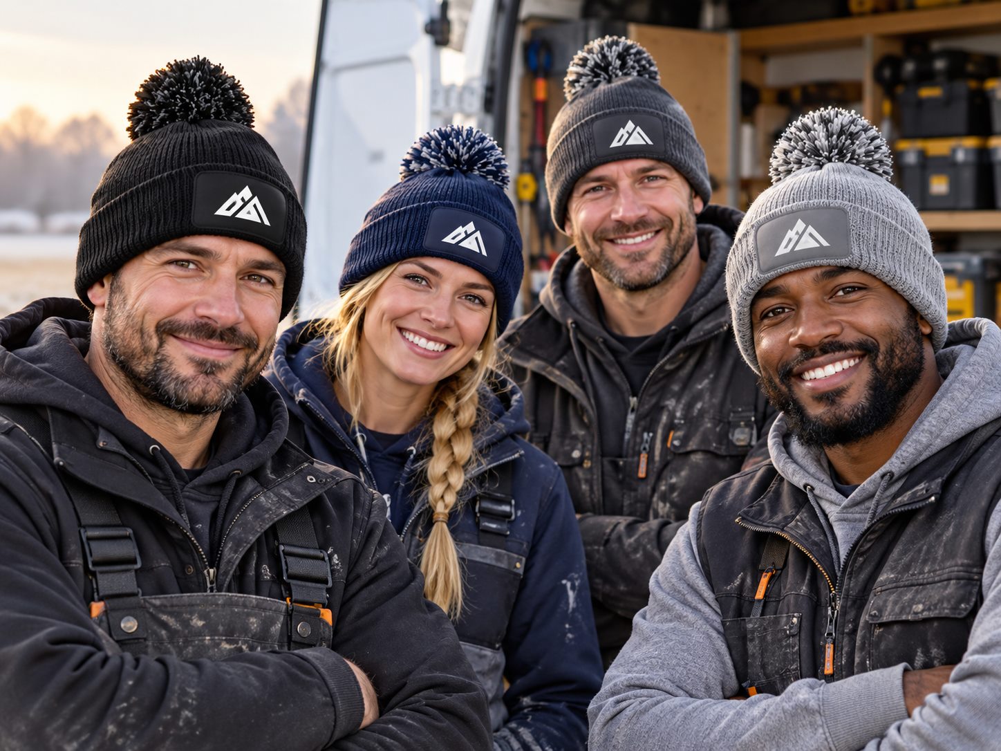 Outdoor work team wearing personalised patch beanies