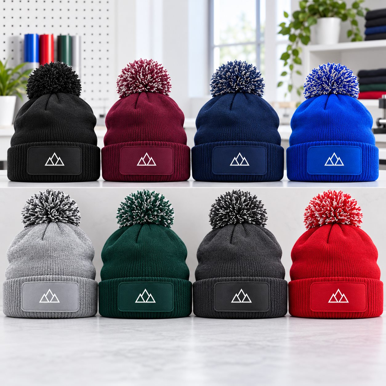 Eight illustrative colour combinations for personalised pompom patch beanies