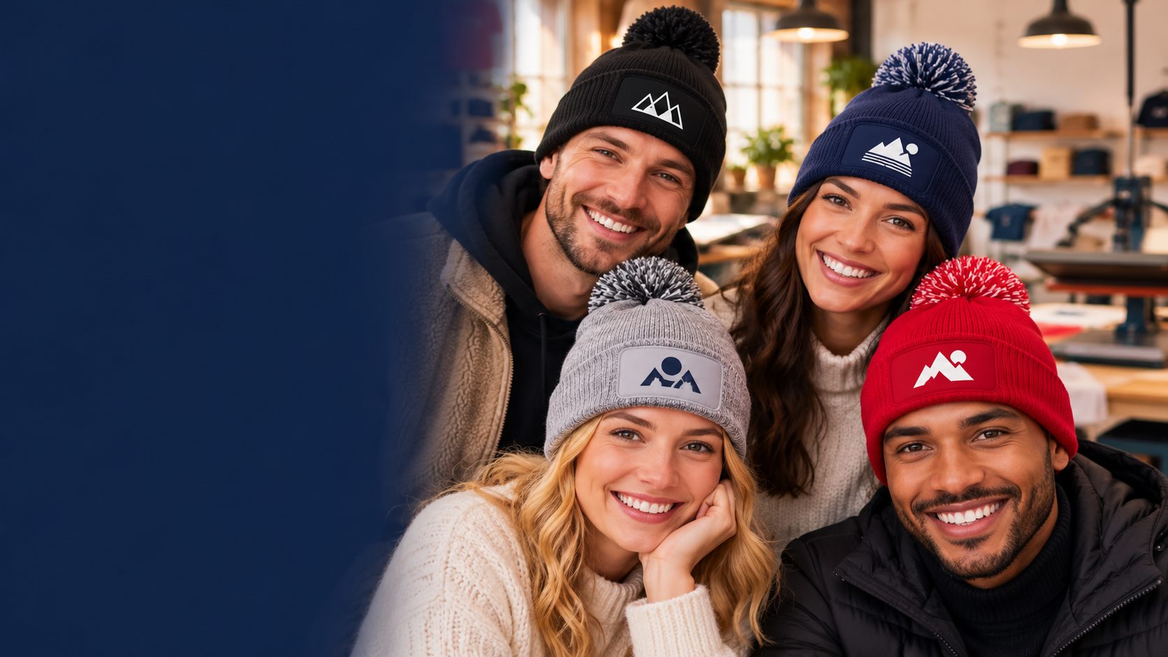 Group wearing personalised patch beanies in black, navy, grey and red