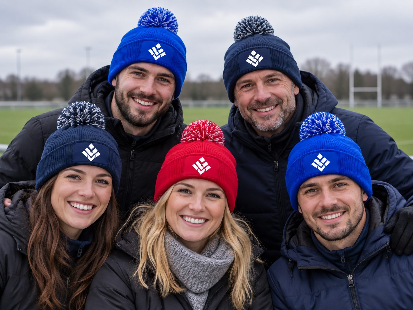 Sports team group wearing coordinated personalised patch beanies