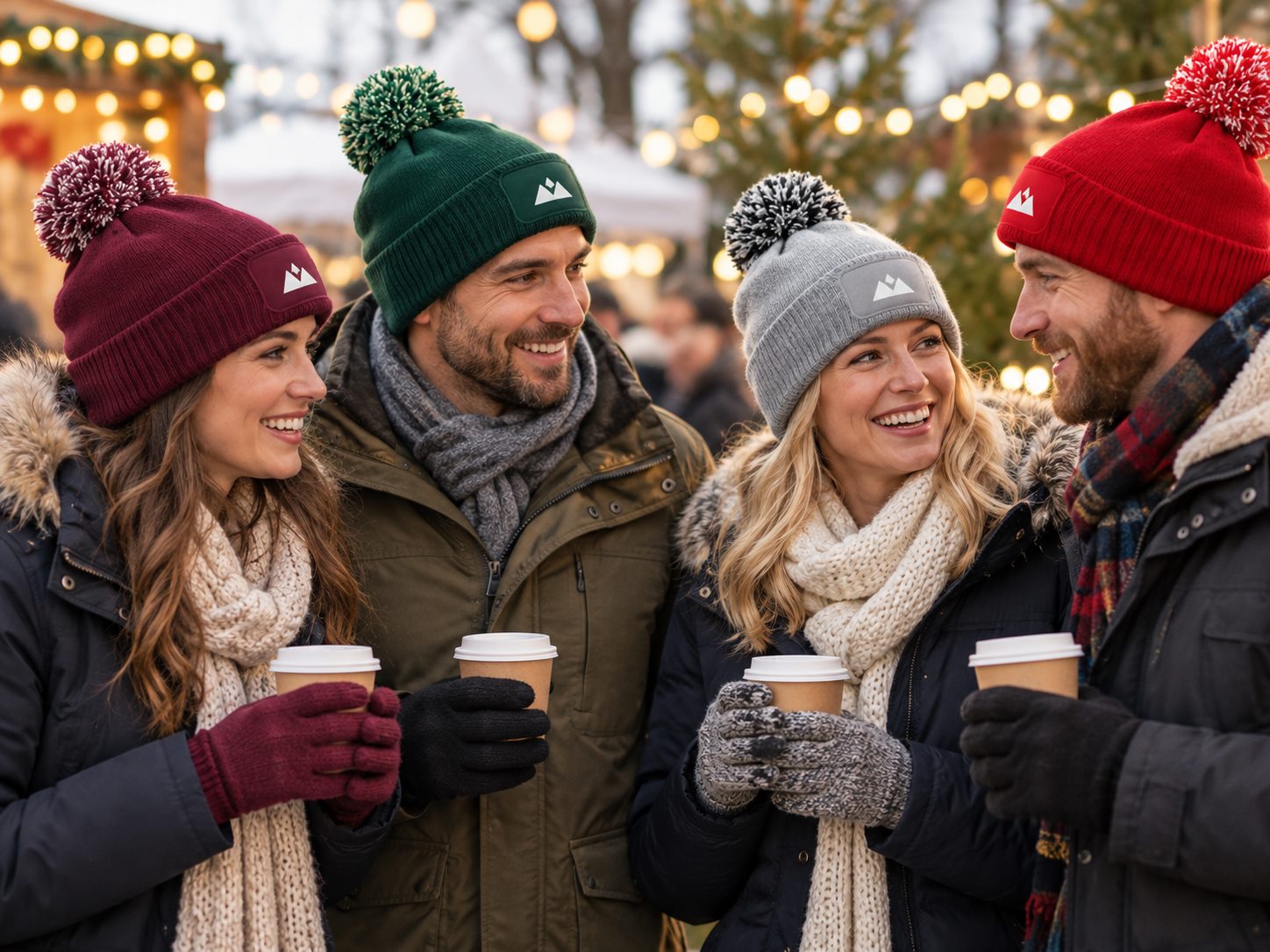 Group at a winter event wearing personalised patch beanies