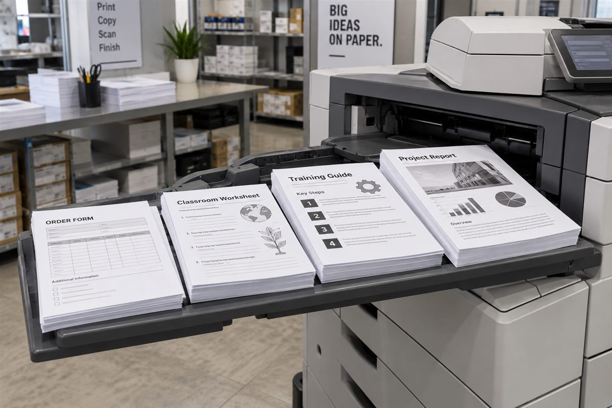 Illustration of black-and-white document photocopying and printed handouts