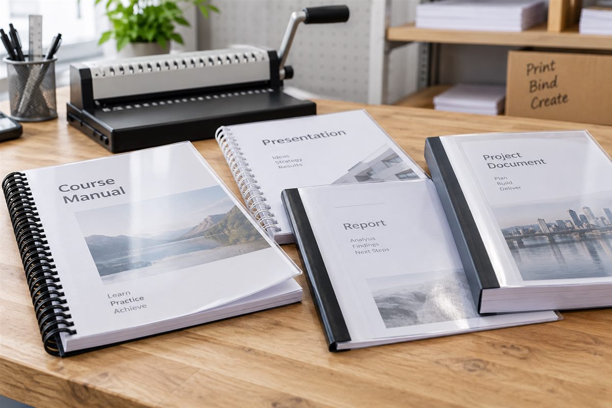 Illustration of spiral-bound and covered reports and course manuals