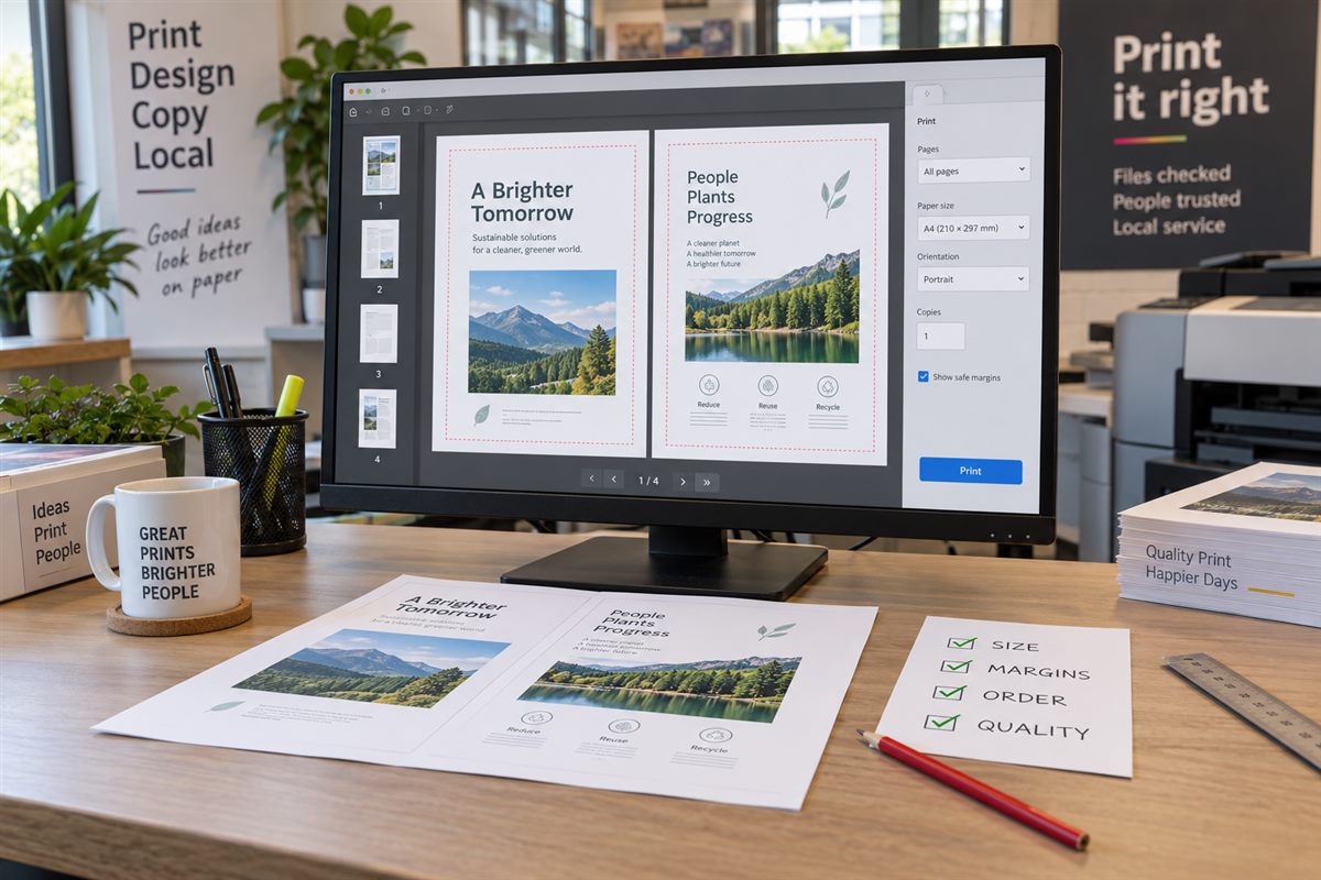 Illustration of a PDF being checked for page size, margins and print order