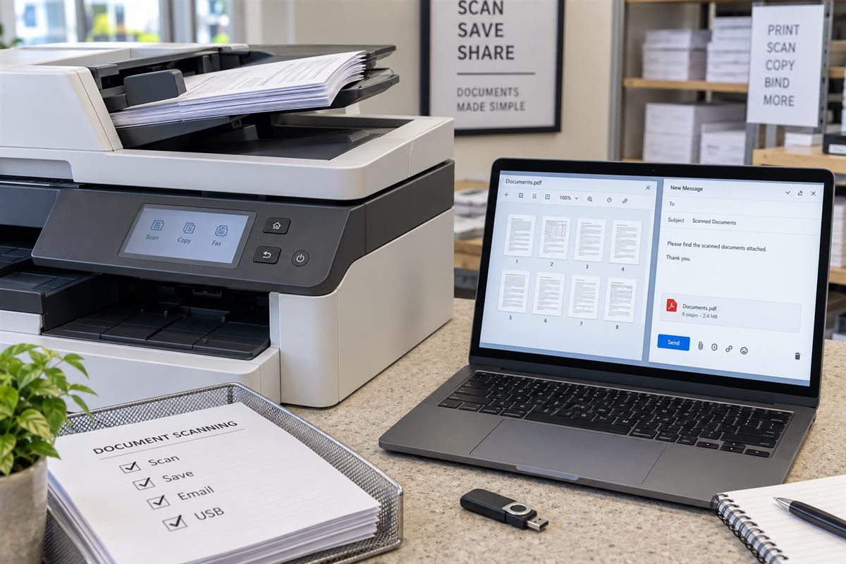 Illustration of paper documents being scanned to a digital file