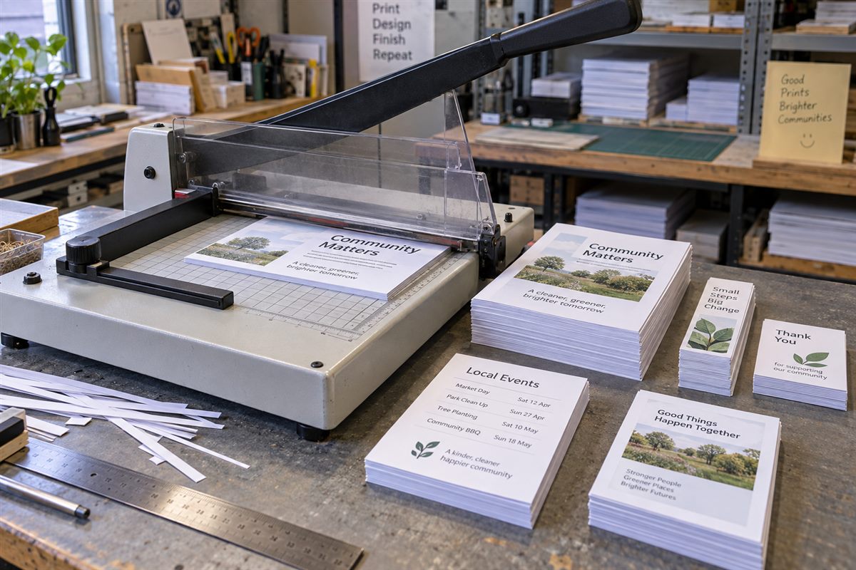 Illustration of printed sheets being cut and trimmed to size