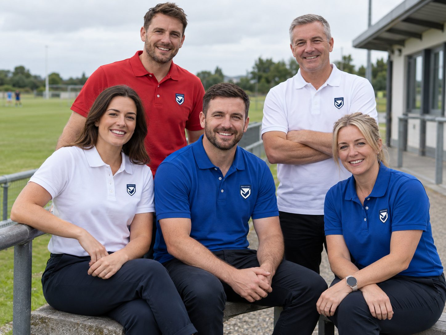 Club volunteers wearing printed polo shirts in team colours