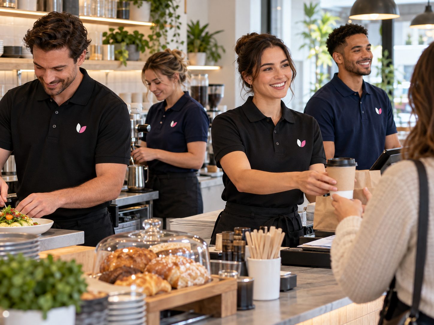 Hospitality team wearing coordinated printed polo shirts