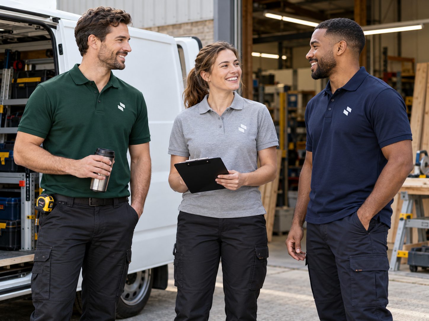 Trade and service team wearing branded polo shirts