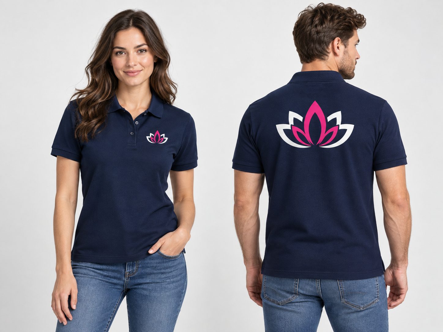 Navy polo shirts showing a small front logo and a larger back design