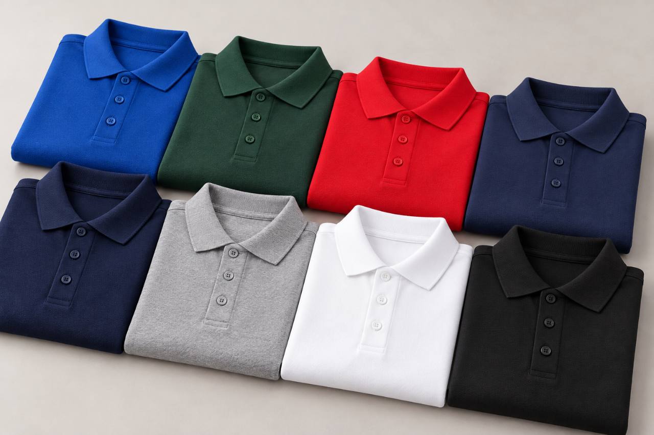 Folded polo shirts in royal blue, bottle green, red, navy, deep navy, heather grey, white and black