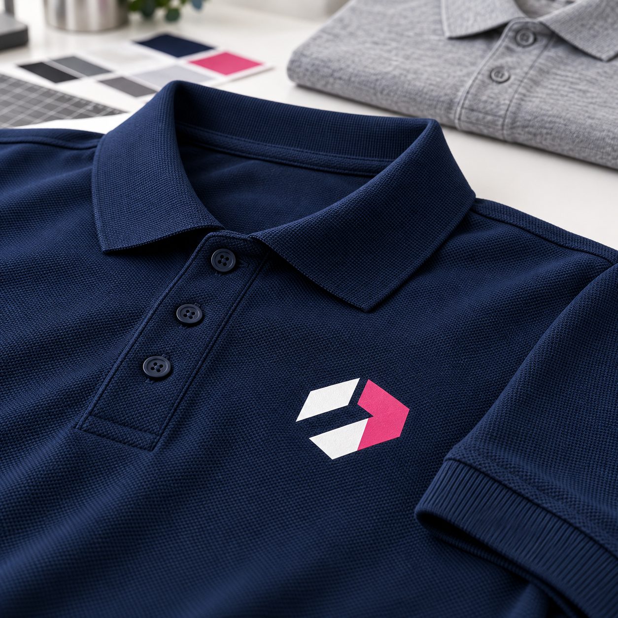 Close view of a printed chest logo on a navy polo shirt