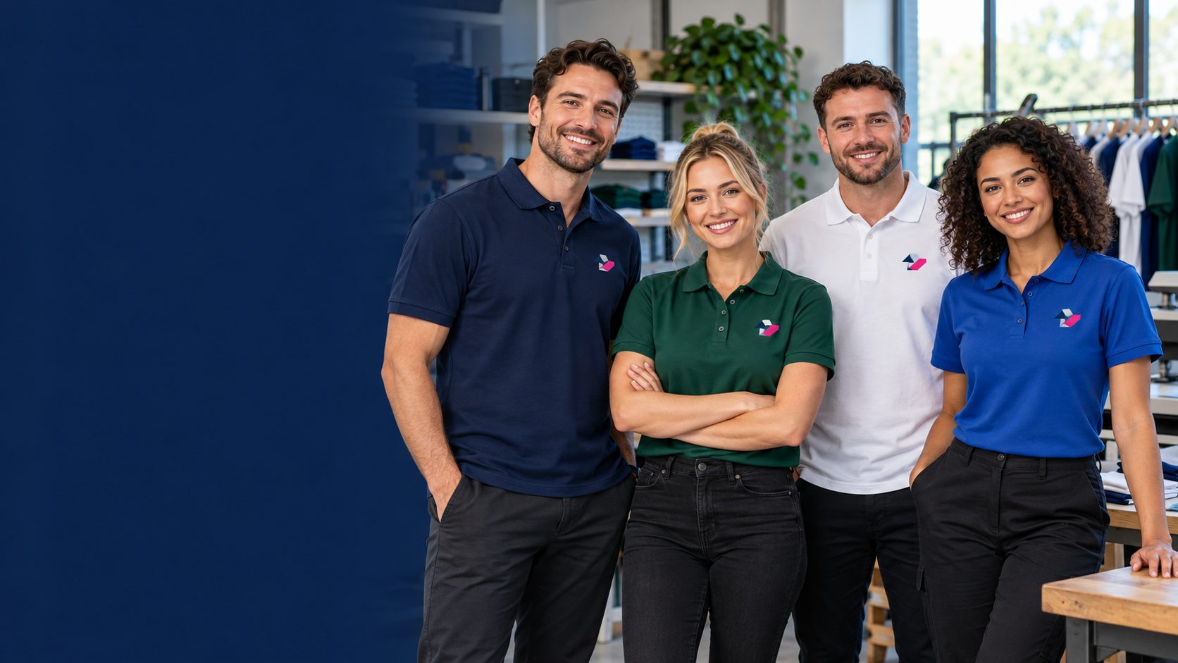 Team wearing printed polo shirts in a selection of colours