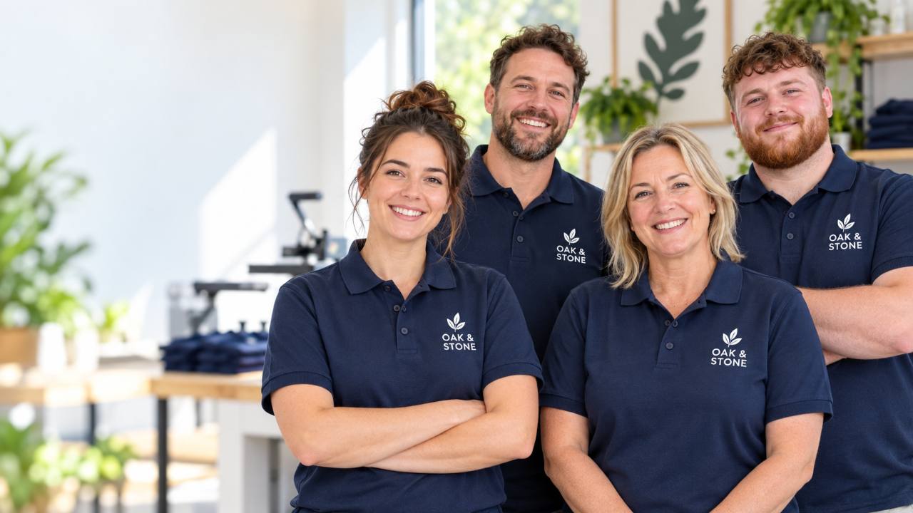 Team wearing coordinated navy polo shirts with representative chest logo placement