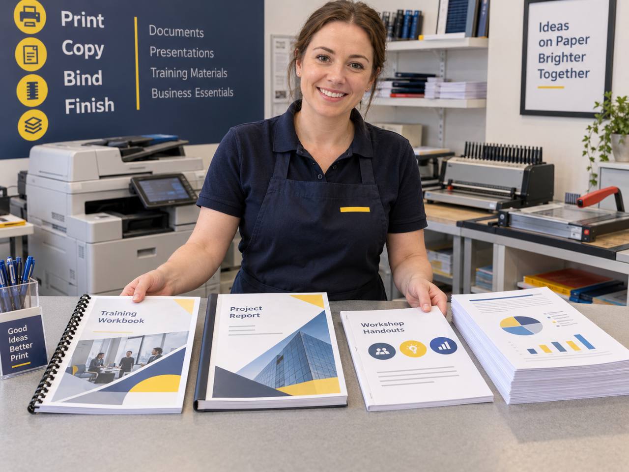 Printed and bound training workbooks, reports and workshop handouts