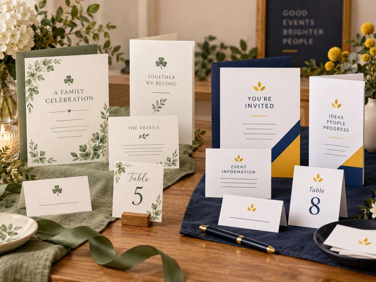 Printed invitations, event information cards and table stationery