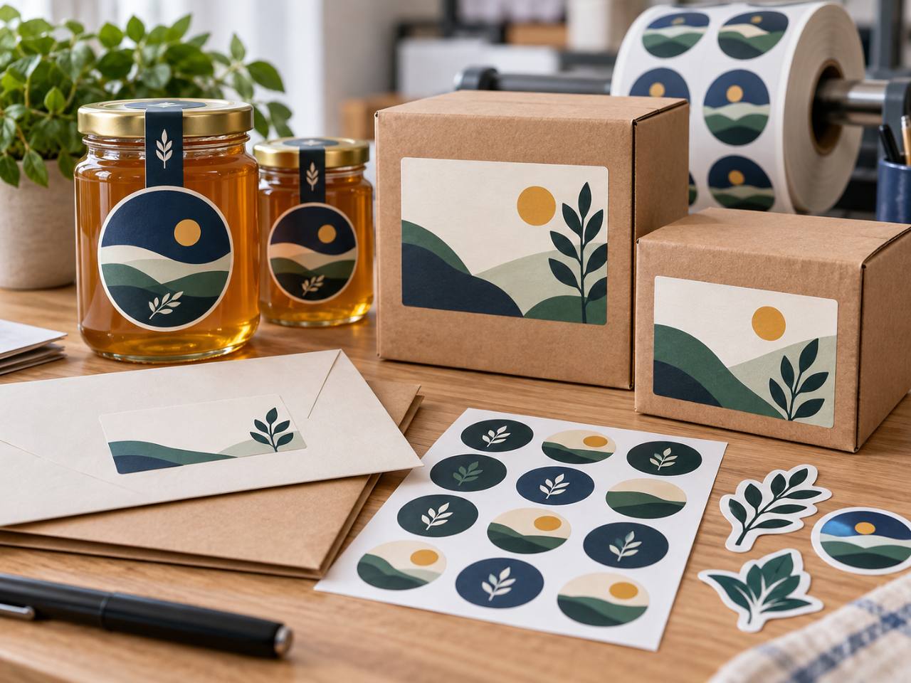 Custom labels and stickers applied to jars, boxes and envelopes